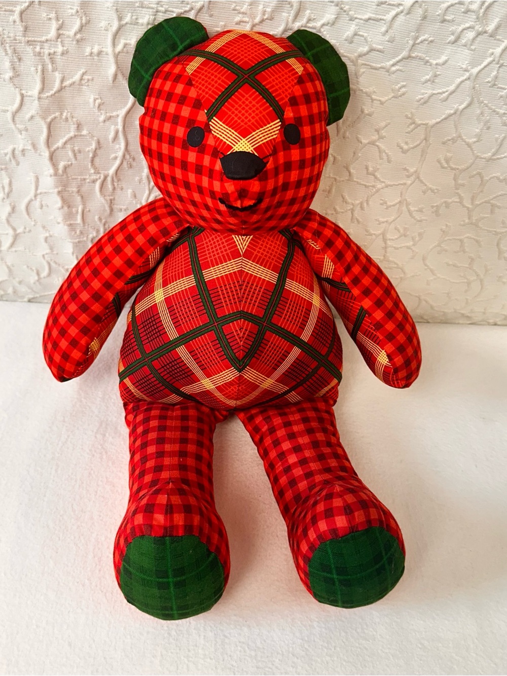 Red Plaid Kids Teddy Bear Plush Toy - Green Accents Handmade Stuffed Teddy Bear